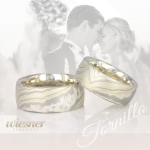 Mokume Gane Trauringe Tornillo in Gelbgold, Palladium und Silber