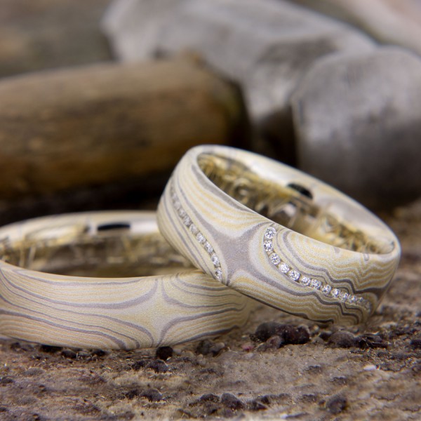 Jabin Mokume Gane wedding rings with diamonds
