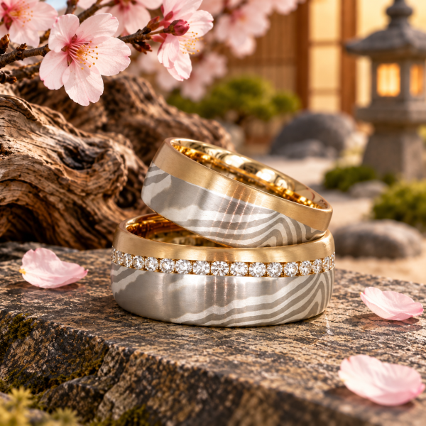 Movingu Mokume Gane Ringe auf Holz mit japanischem Steintürmchen