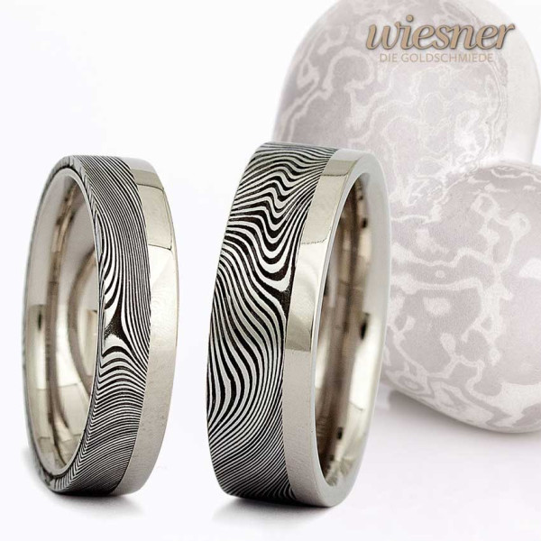 Damascus Steel Rings Wood Pattern White Gold Flat Profile