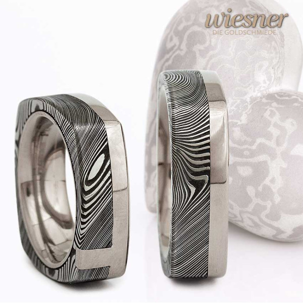 Damast Ringe eckig mit Silber