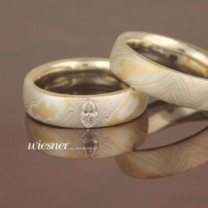 Mokume Gane Trauringe Bubinga mit Navette Diamant