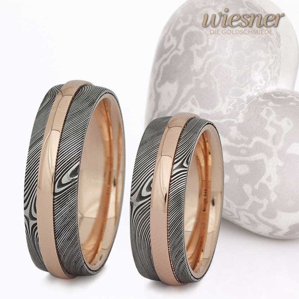 Damascus steel rings wood pattern rose gold applied