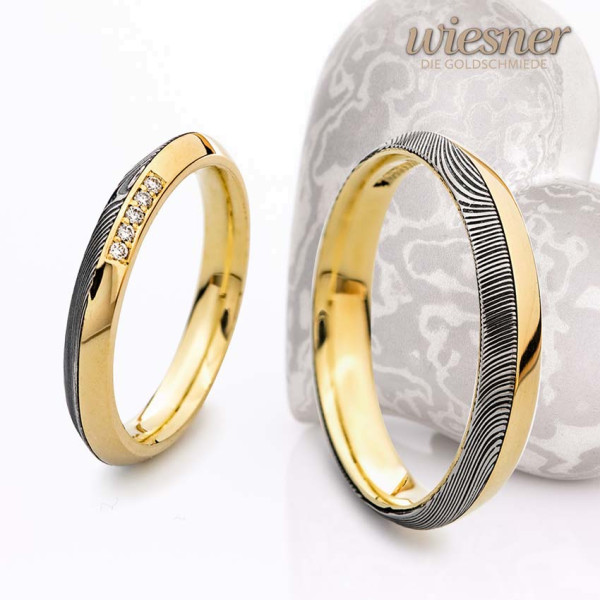 Damascus steel rings wood pattern yellow gold pointed profile