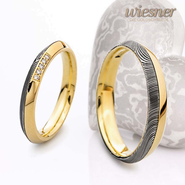 Damast Ringe mit Gelbgold und Diamanten