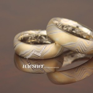 Mokume Gane Trauringe Bubinga mit Diamantlinie