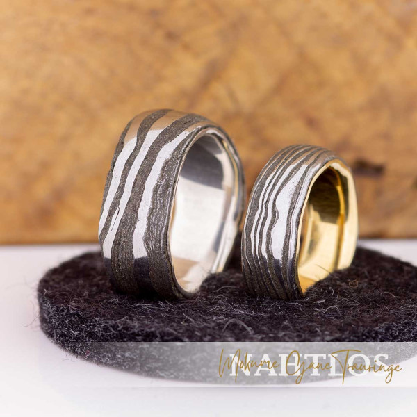 Damascus steel rings with meteorite and earthly material - heaven and earth