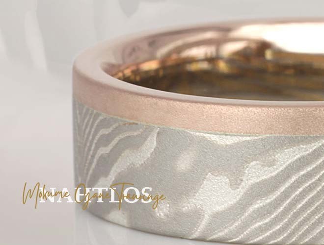 Besondere Eheringe in Cedar Mokume mit Diamanten