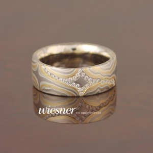 Limba Mokume Gane engagement ring with diamond rows