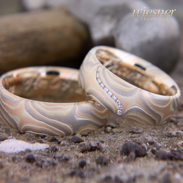 Mokume Gane Trauringe Jaboty in Gelbgold Rotgold, Palladium und Silber mit lupenreinen Diamanten