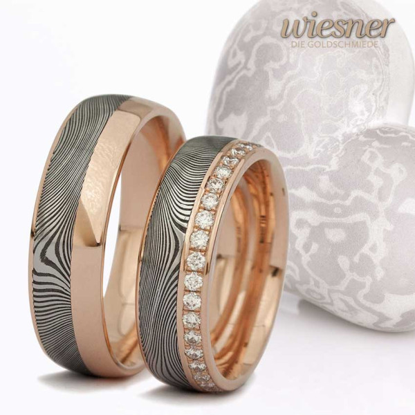 Damascus steel rings wood pattern rose gold diamonds