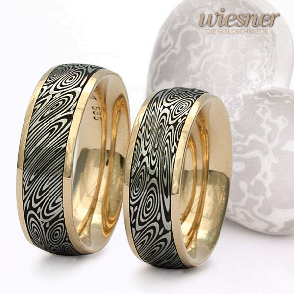 Damast Ringe in Augendamast mit Gelbgold Innenring