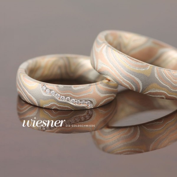 Mokume Gane Trauringe Jaboty mit feinen Brillantlinien #779