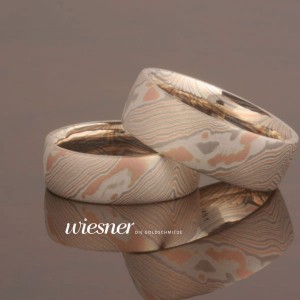 Mokume Gane Trauringe Bubinga mit Rotgold anstatt Gelbgold