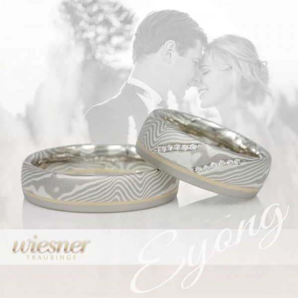 Wedding rings Eyong forged in Mokume Gane with yellow gold