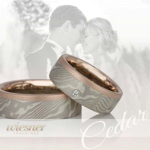 Mokume Gane wedding rings Cedar in rose gold, palladium and silver