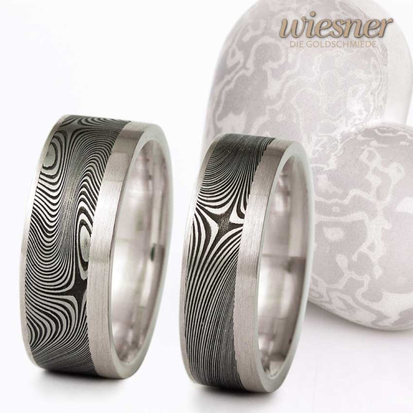Damascus steel rings wood pattern silver flat