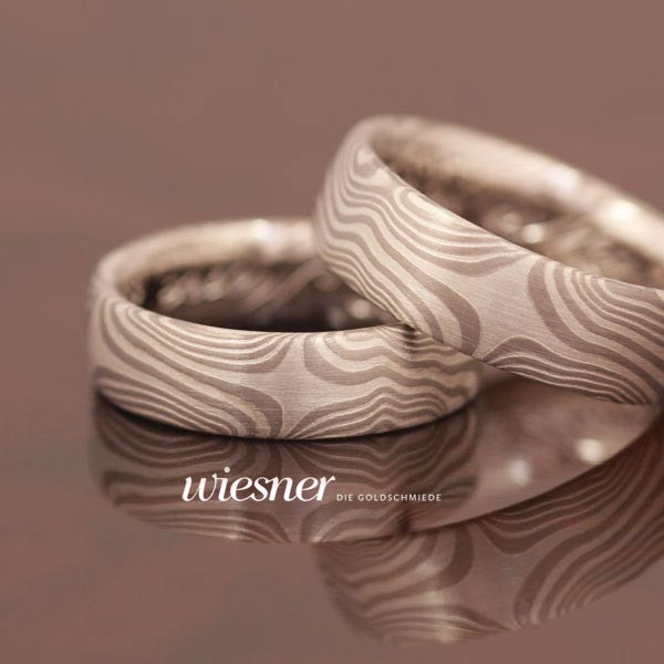 Bagassa Eheringe in Mokume Gane mit Mattierung