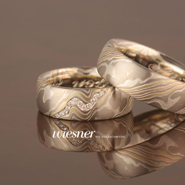 Mokume Gane mit Diamanten | Garapa Eheringe mit Mattierung