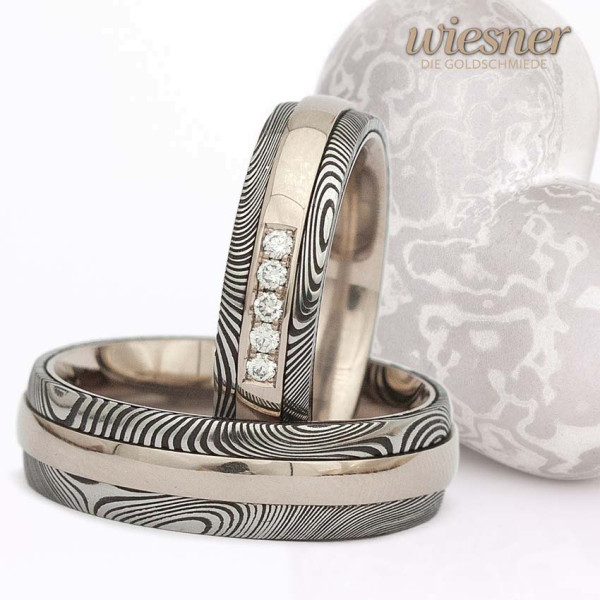 Damascus steel rings wood pattern white gold applied