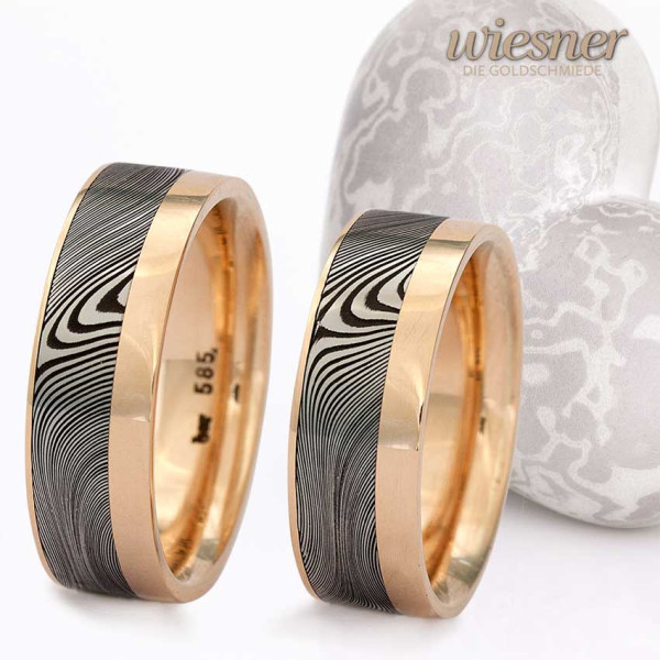 Damascus steel rings wood pattern yellow gold flat