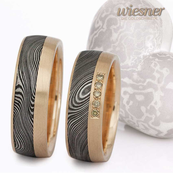 Damascus steel rings wood pattern yellow gold diamonds