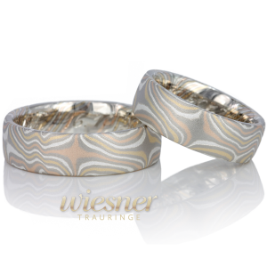 Mokume Gane Trauringe Jacaranda in Gelbgold, Rotgold, Palladium und Silber