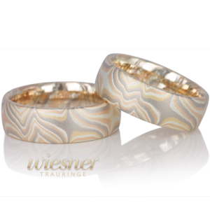 Mokume Gane Trauringe Jaboty in Gelbgold Rotgold, Palladium und Silber mit lupenreinen Diamanten