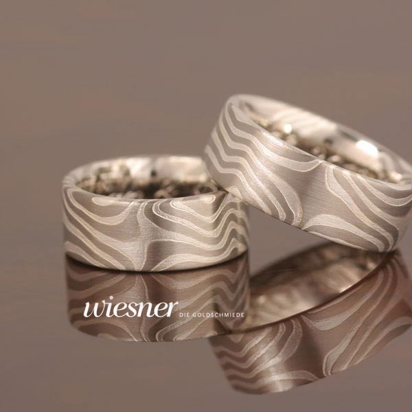 Camaru Mokume Gane Trauringe in Palladium und Silber