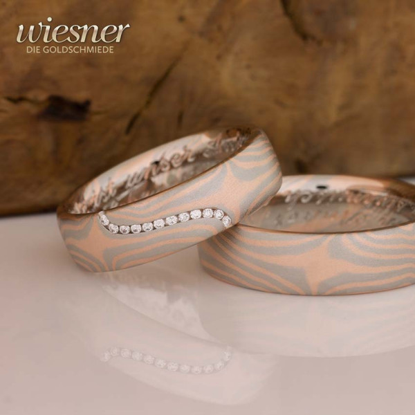 Mokume Gane wedding rings Aiele in platinum and rose gold