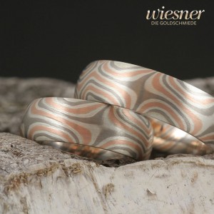 Mokume Gane Boire Wedding Rings in Red, Grey and White