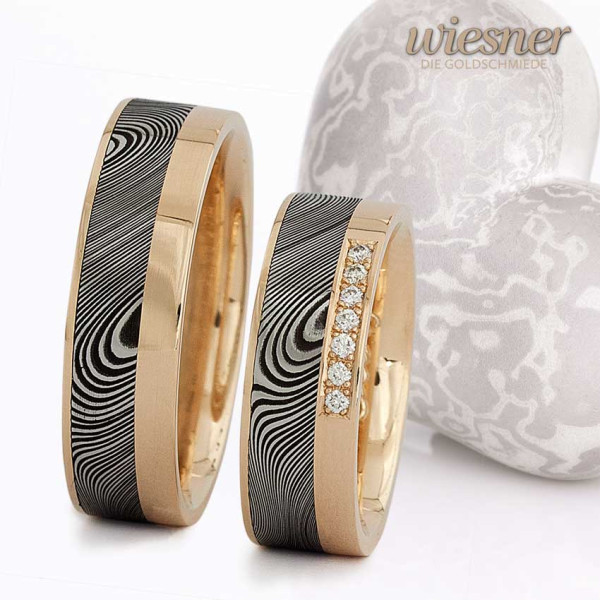 Damascus steel rings wood pattern yellow gold diamonds flat