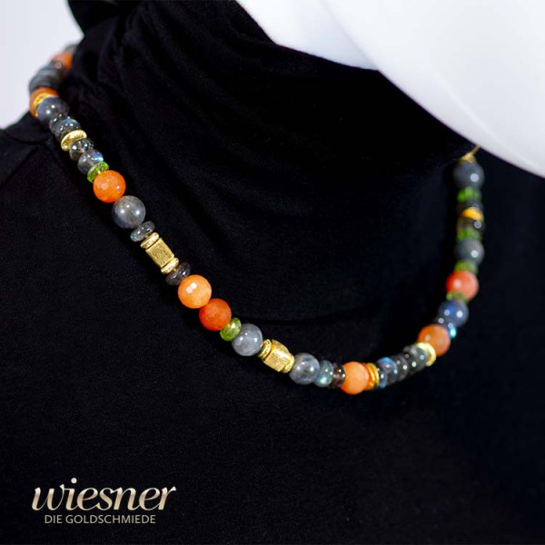 Colourful gemstone necklace of labradorite, carnelian and peridot