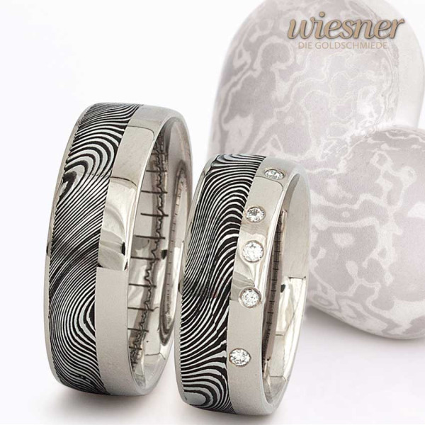 Damascus Steel Rings Wood Pattern White Gold Diamonds