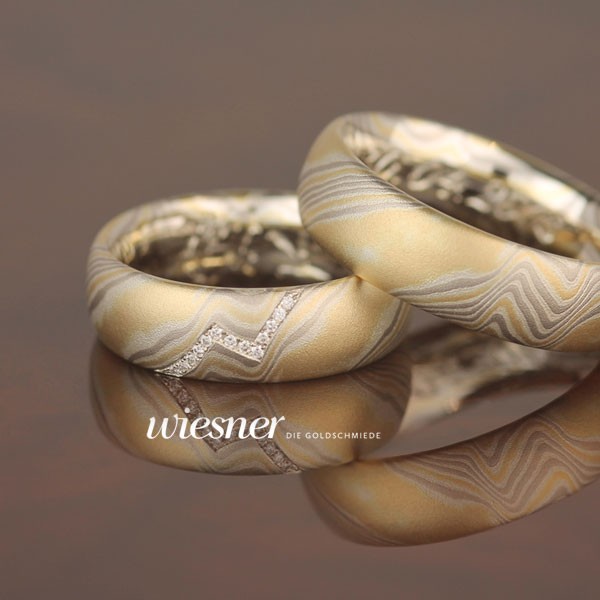 Mokume Gane Trauringe Bubinga mit Diamantlinie