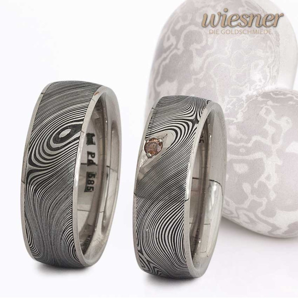 Damascus steel rings wood pattern with white gold