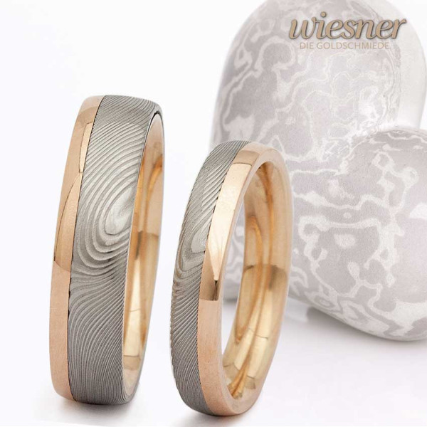 Damascus steel rings wood pattern rose gold