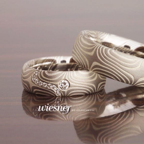 Mokume Gane Ringe Bagassa mit Brillant Besatz