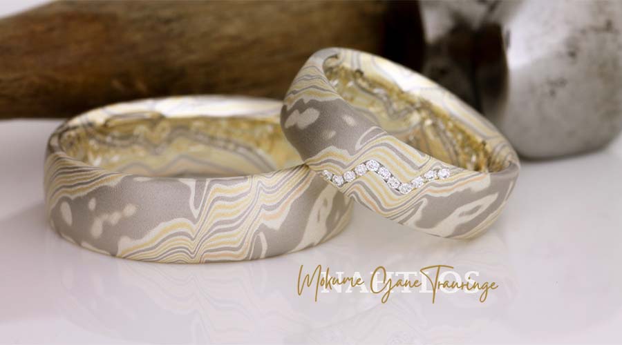 Mokume Gane Trauringe in Gelbgold, Palladium und Silber