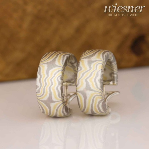 Limba Mokume Gane Hoop Earrings in Yellow Gold, Palladium, and Silver