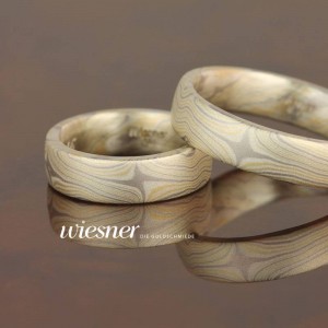 Trauringe Jabin in Mokume Gane Gelbgold, Rotgold, Silber, 6 mm breit