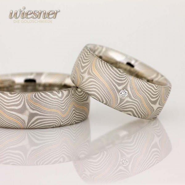 Rings pair Afzelia forged in Mokume Gane