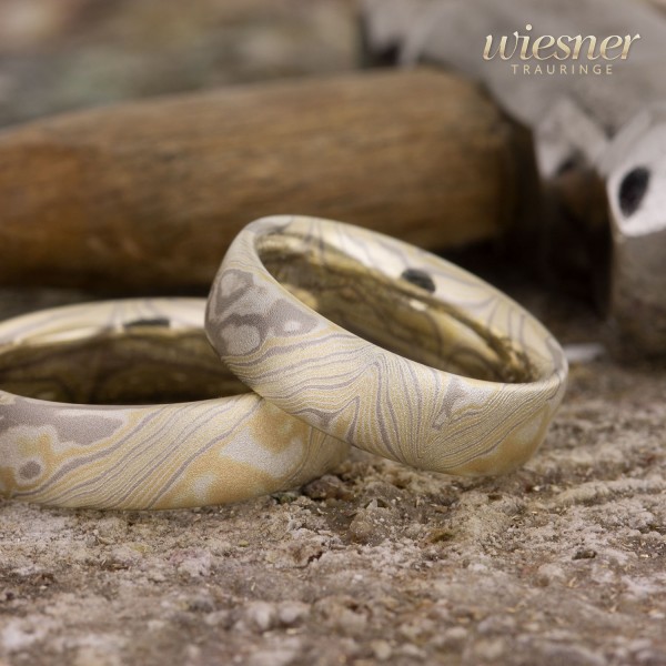 Trauringe Bubunga | Mokume Gane |Gelbgold Palladium Silber