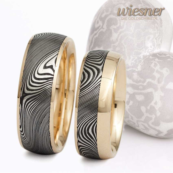 Damascus steel rings wood pattern with yellow gold