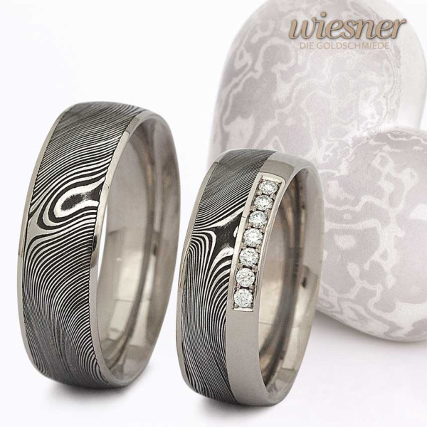 Damascus Steel Rings Wood Pattern White Gold Diamond